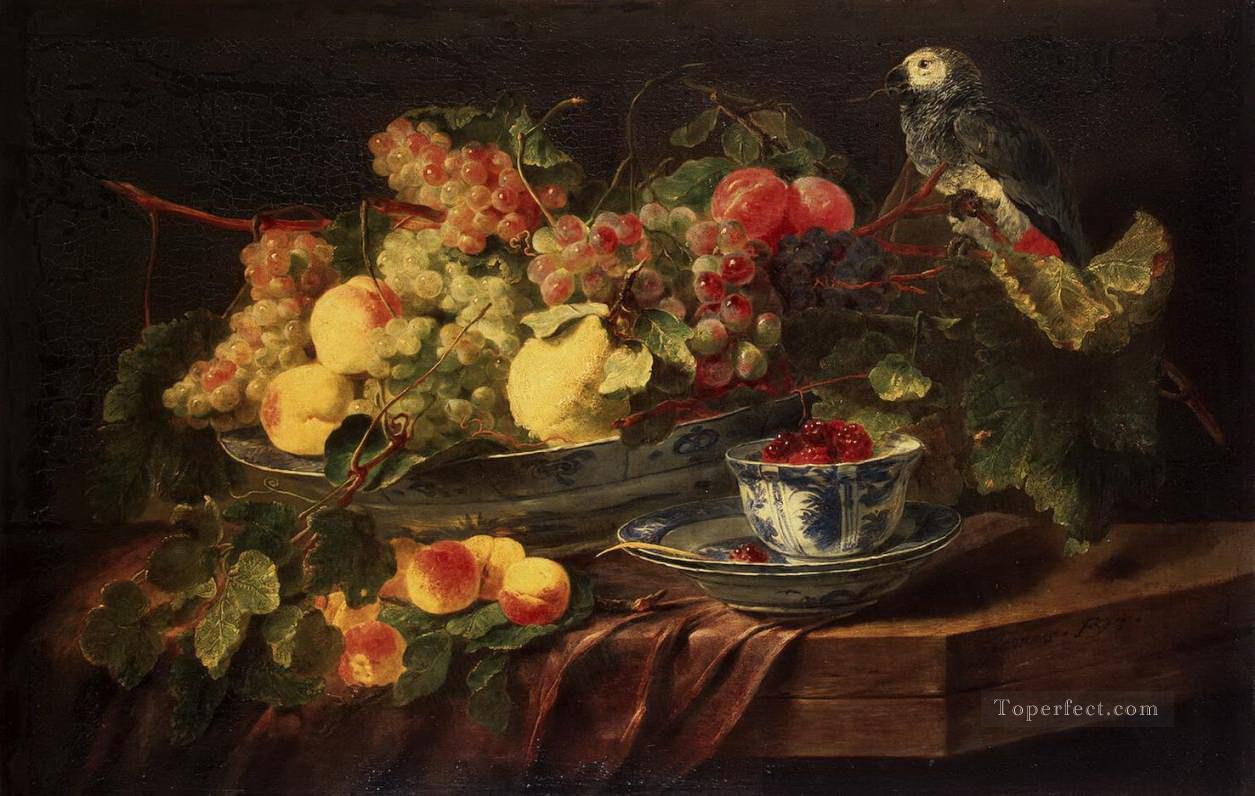 果物とオウムの鳥のある古典的な静物画油絵